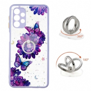 Hoesje voor Samsung Galaxy A32 5G Paarse Bloemen En Vlinders Met Ring