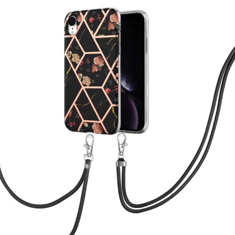 Hoesje voor iPhone XR Met Koord Marmer En Bloemen