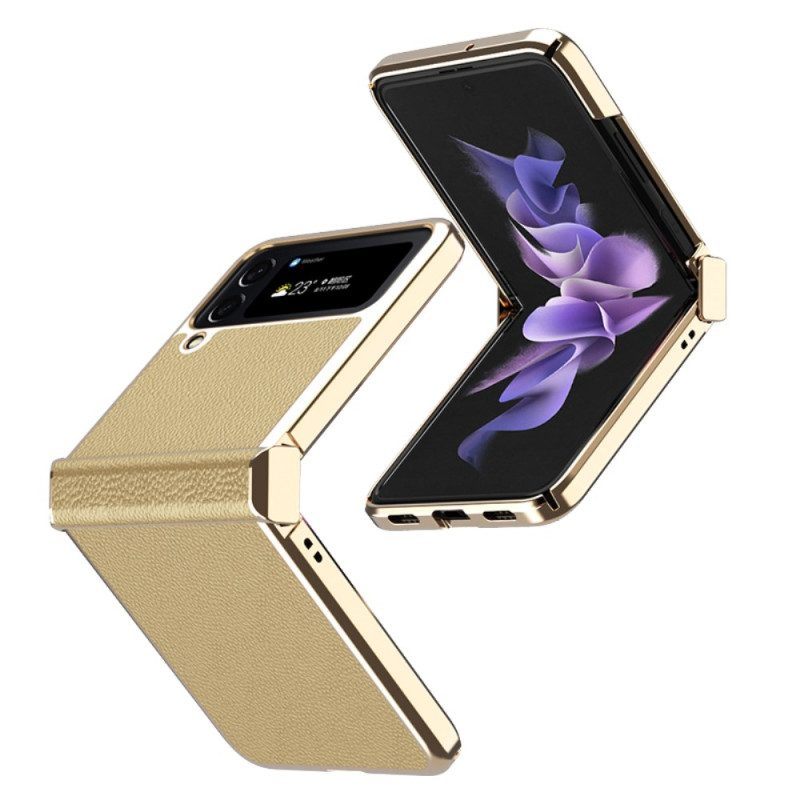 Telefoonhoesje voor Samsung Galaxy Z Flip 4 Folio-hoesje Litchi Lederen Metalen Randen