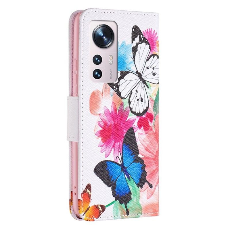 Folio-hoesje voor Xiaomi 12 Vlinders En Kleurrijke Bloemen