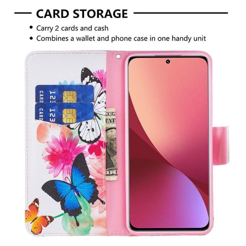 Folio-hoesje voor Xiaomi 12 Vlinders En Kleurrijke Bloemen