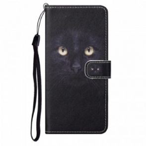 Flip Case voor Moto G71 5G Met Ketting Strappy Zwarte Kattenogen