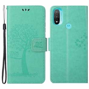 Leren Hoesje voor Moto G71 5G Met Ketting String Boom En Uilen