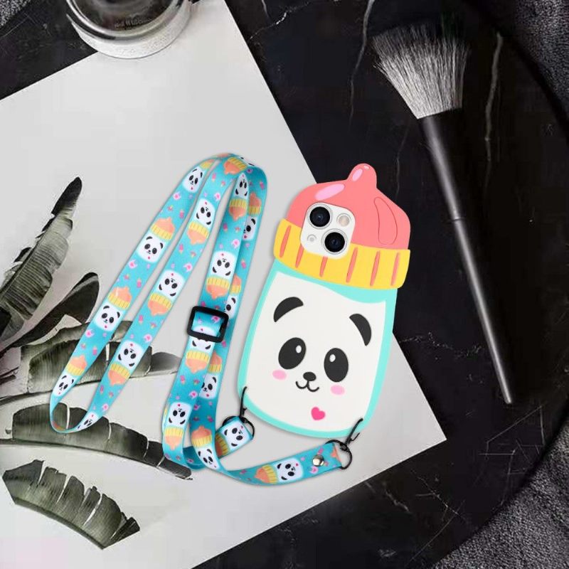 Hoesje voor iPhone 13 Mini 3d Panda-babyfles Met Riem