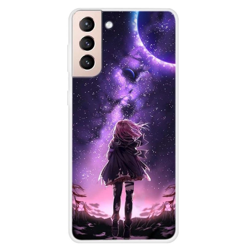 Hoesje voor Samsung Galaxy S22 5G Anti-fall Volle Maan Meisje Illustratie