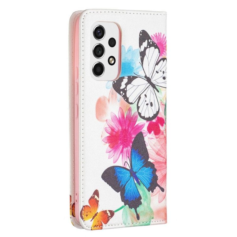 Leren Hoesje voor Samsung Galaxy A53 5G Vlinders En Kleurrijke Bloemen