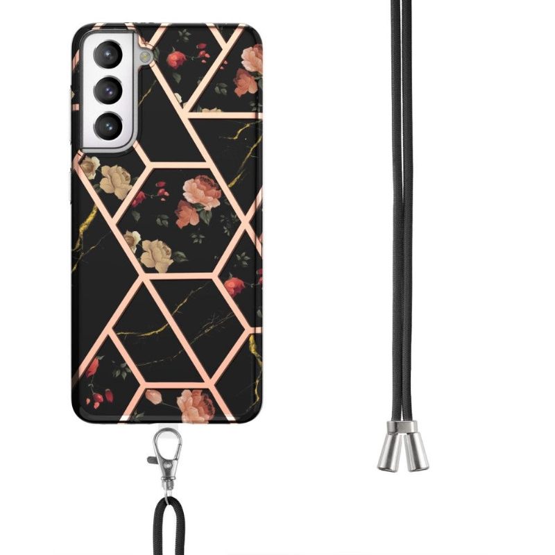 Hoesje voor Samsung Galaxy S21 FE Met Koord Marmer En Bloemen