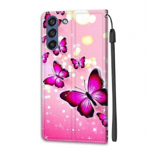 Leren Hoesje voor Samsung Galaxy S21 FE Roze Vlinders