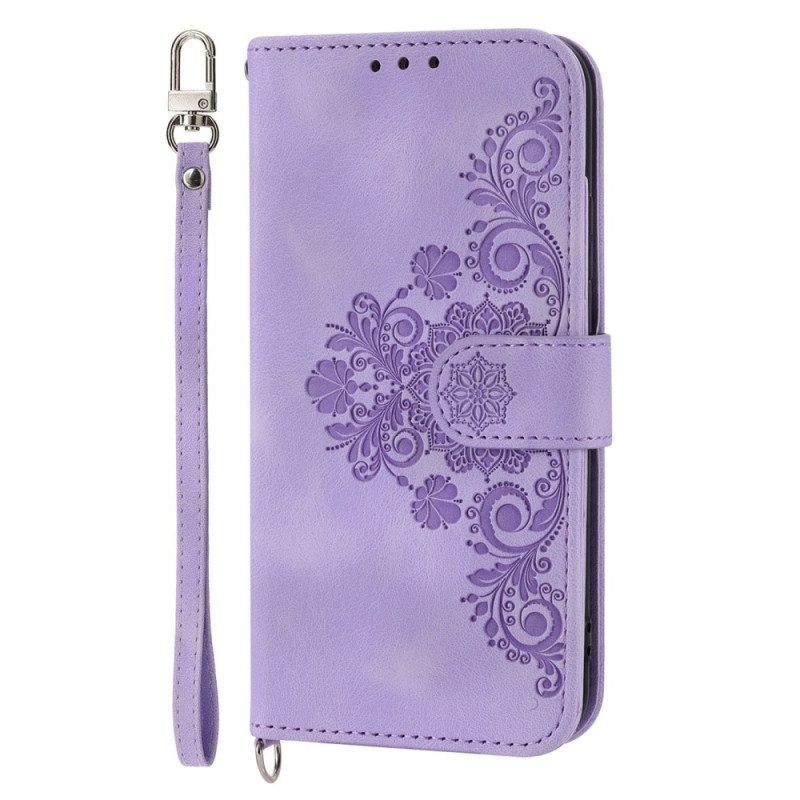 Leren Hoesje voor Xiaomi Redmi Note 12 Pro Bloemen Met Riem En Schouderriem