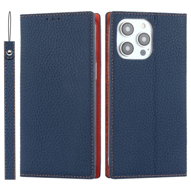 Bescherming Hoesje voor iPhone 14 Pro Max Met Ketting Folio-hoesje Echte Litchi Lederen Band