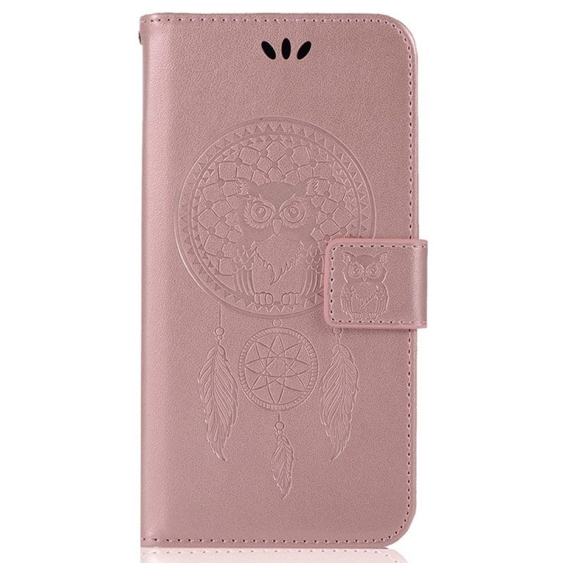 Flip Case voor iPhone 14 Pro Max Met Ketting Uil Dromenvanger Met Riem