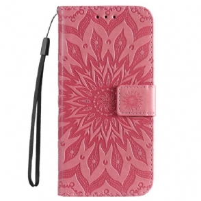 Leren Hoesje voor iPhone 14 Pro Max Mandala Zon Met Lanyard