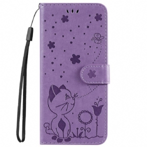 Leren Hoesje voor iPhone 14 Pro Max Met Ketting Strappy Kat En Bijen