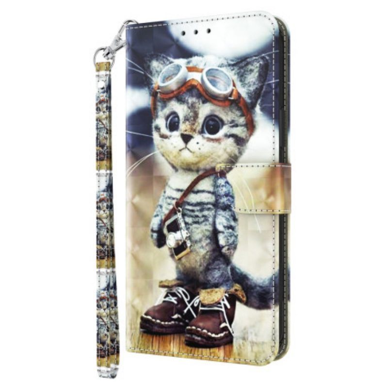 Flip Case voor iPhone 15 Pro Met Ketting Vliegenier Kat Met Riem