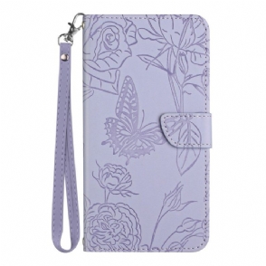 Leren Hoesje voor Realme C30 Met Ketting Riem Bloemen Paillon