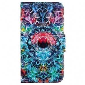 Leren Hoesje voor iPhone 15 Met Ketting Kleurrijke Mandala Met Bandje