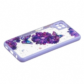Hoesje voor Samsung Galaxy A12 Paarse Bloemen En Vlinders