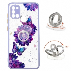 Hoesje voor Samsung Galaxy A21s Paarse Bloemen En Vlinders Met Ring