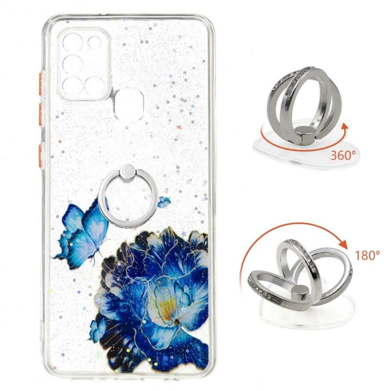 Telefoonhoesje voor Samsung Galaxy A21s Bescherming Blauwe Bloemen En Vlinders Met Ring