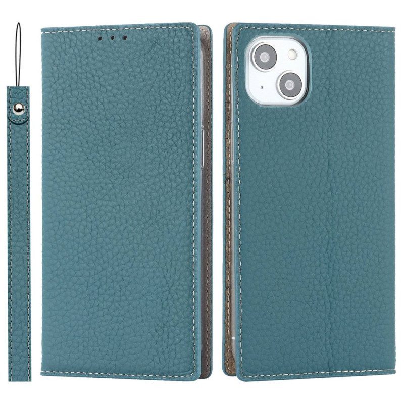 Bescherming Hoesje voor iPhone 14 Plus Met Ketting Folio-hoesje Echte Litchi Lederen Band