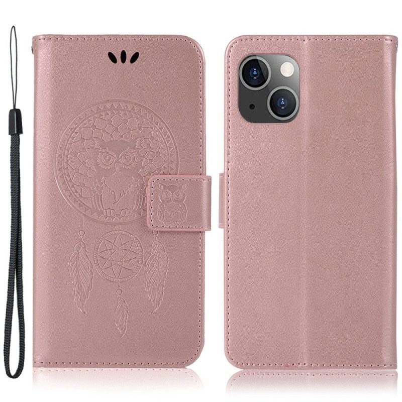 Folio-hoesje voor iPhone 14 Plus Met Ketting Uil Dromenvanger Met Riem