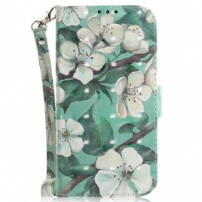 Leren Hoesje voor Xiaomi 12 / 12X Met Ketting Witte Bloemen Met Bandjes