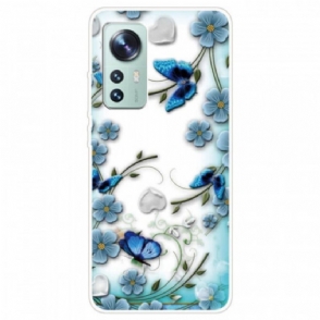 Telefoonhoesje voor Xiaomi 12 / 12X Blauwe Bloemen En Vlinders