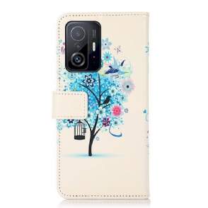 Leren Hoesje voor Xiaomi 11T / 11T Pro Bescherming Blauwe Boom