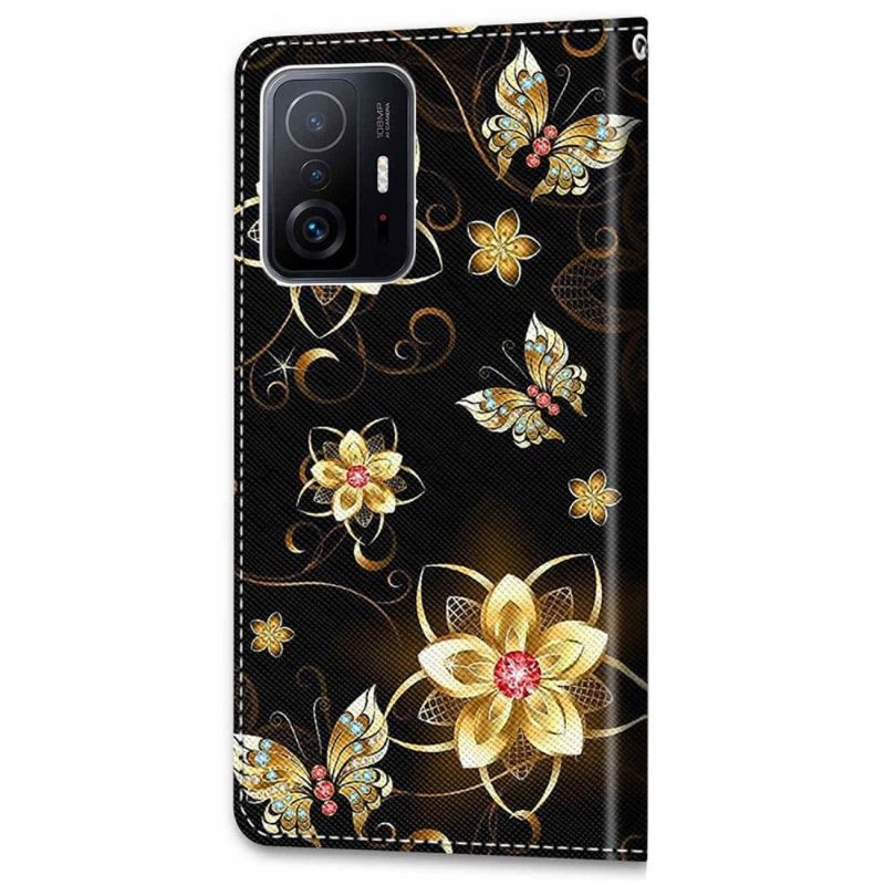 Leren Hoesje voor Xiaomi 11T / 11T Pro Bescherming Vlinders En Gouden Bloemen