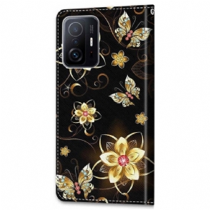 Leren Hoesje voor Xiaomi 11T / 11T Pro Bescherming Vlinders En Gouden Bloemen