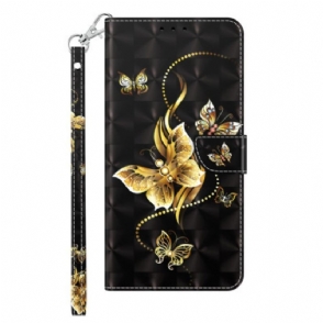 Leren Hoesje voor iPhone 14 Pro Met Ketting Gouden Vlinders Met Riem