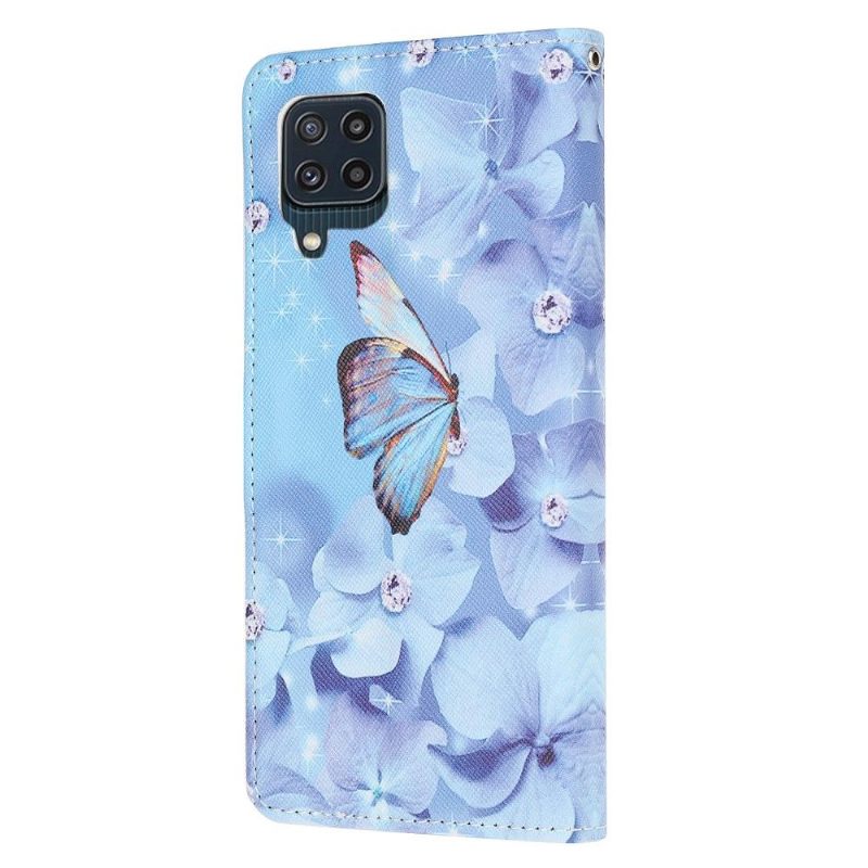 Folio-hoesje voor Samsung Galaxy M32 Vlinder En Blauwe Bloemen