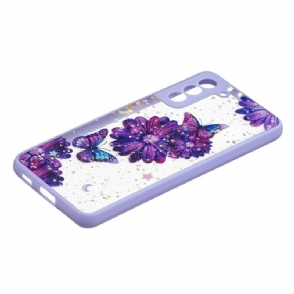 Hoesje voor Samsung Galaxy S21 Plus 5G Anti-fall Paarse Bloemen En Vlinders