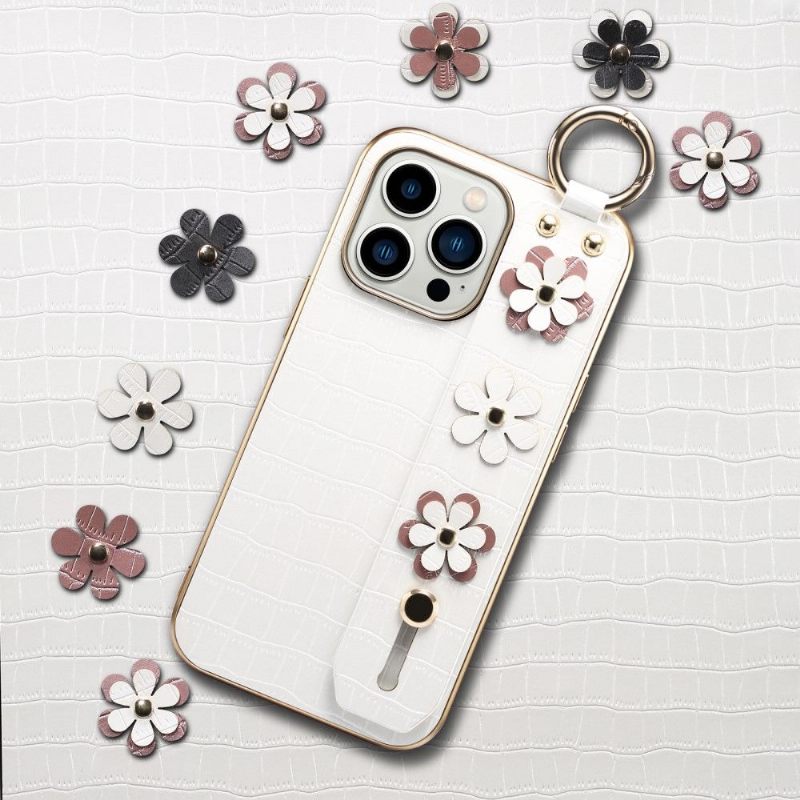 Hoesje voor iPhone 13 Pro Leren Band Met Bloemeneffect