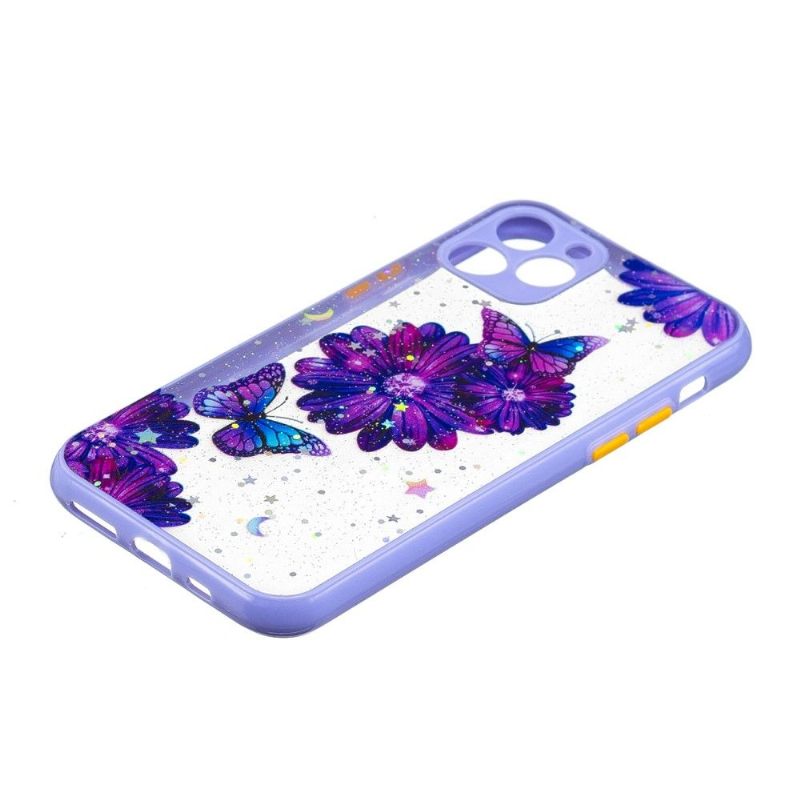 Hoesje voor iPhone 11 Anti-fall Transparante Paarse Bloemen En Vlinders