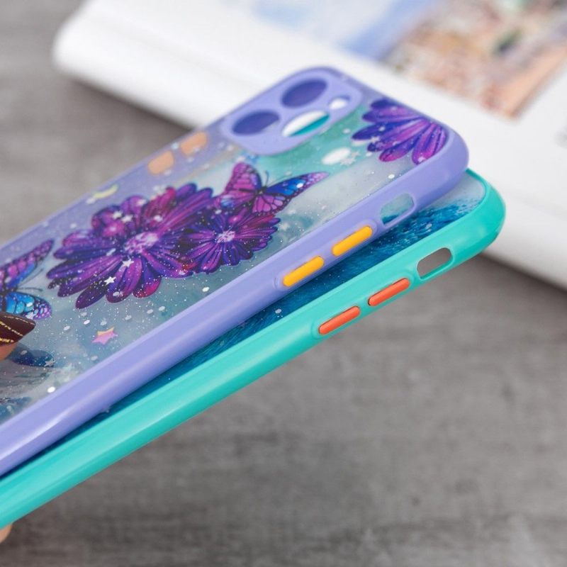 Hoesje voor iPhone 11 Anti-fall Transparante Paarse Bloemen En Vlinders