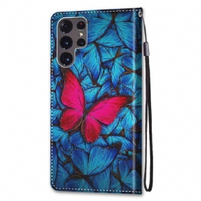 Folio-hoesje voor Samsung Galaxy S22 Ultra 5G Blauwe En Roze Vlinders