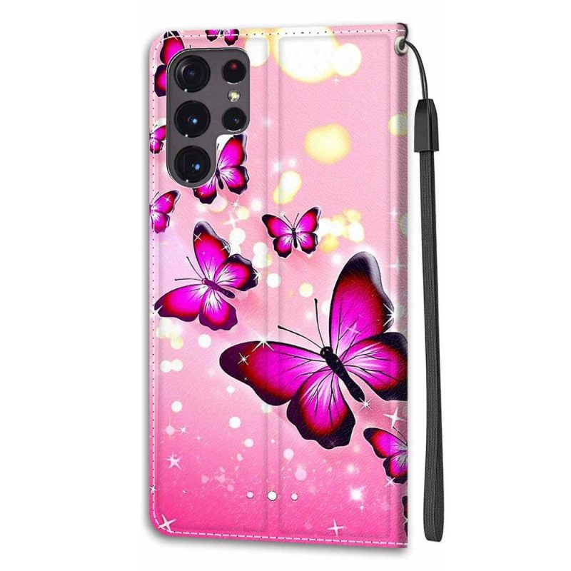 Leren Hoesje voor Samsung Galaxy S22 Ultra 5G Roze Vlinders