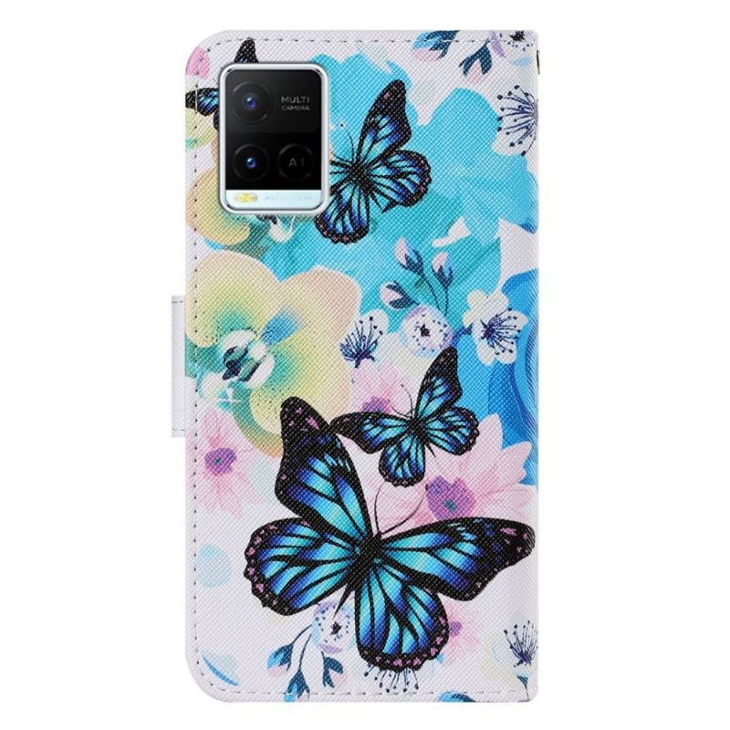 Leren Hoesje voor Vivo Y21 / Y21s / Y33s Blauwe Vlinders Bloemen