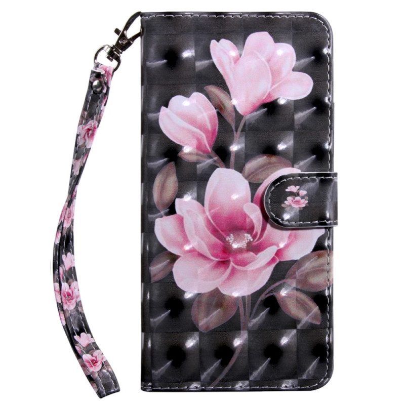 Leren Hoesje voor Google Pixel 7A Met Ketting Strappy Roze Bloemen