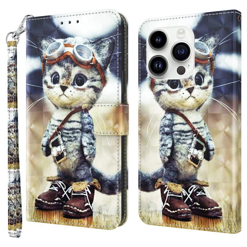 Flip Case voor iPhone 15 Pro Met Ketting Vliegenier Kat Met Riem