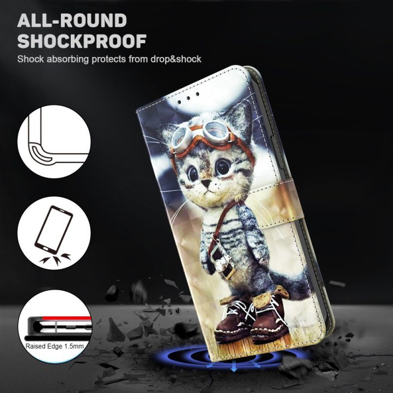 Flip Case voor iPhone 15 Pro Met Ketting Vliegenier Kat Met Riem