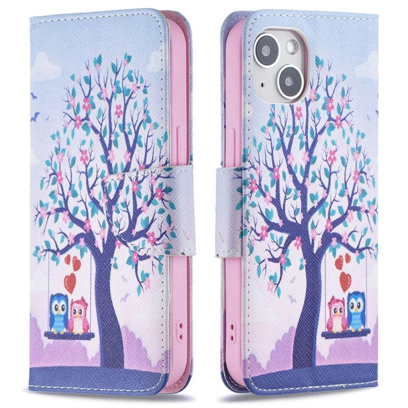 Flip Case voor iPhone 15 Uilen Op De Schommel