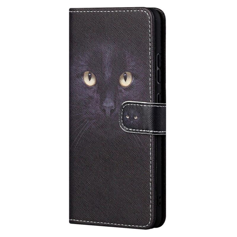 Flip Case voor Moto G71 5G Met Ketting Strappy Zwarte Kattenogen