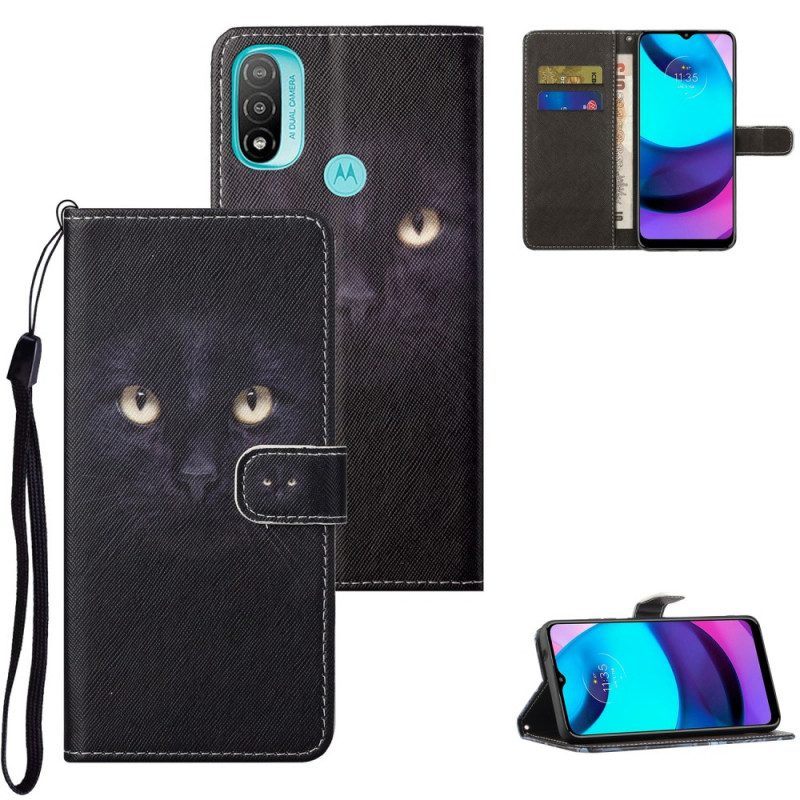 Flip Case voor Moto G71 5G Met Ketting Strappy Zwarte Kattenogen