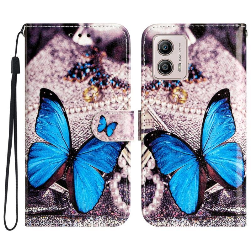 Flip Case voor Moto G73 5G Met Ketting Kostbare Blauwe Vlinder Met Riem