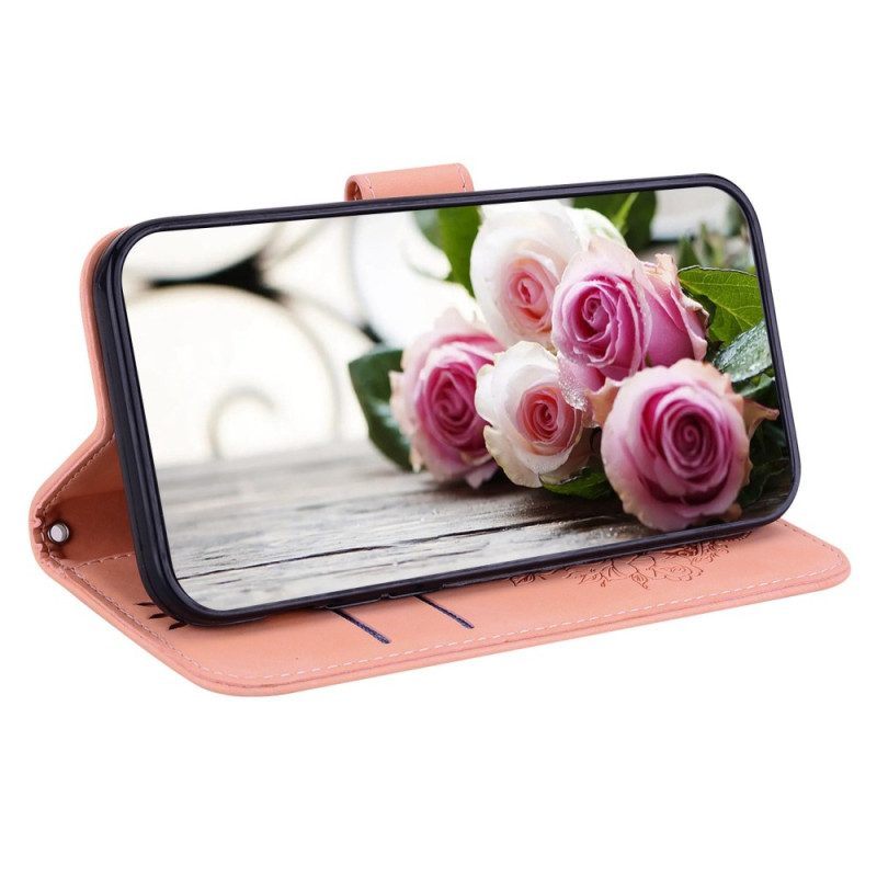 Flip Case voor Moto G73 5G Met Ketting Strappy Rozen En Vlinders