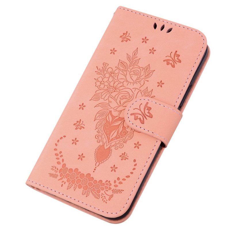 Flip Case voor Moto G73 5G Met Ketting Strappy Rozen En Vlinders