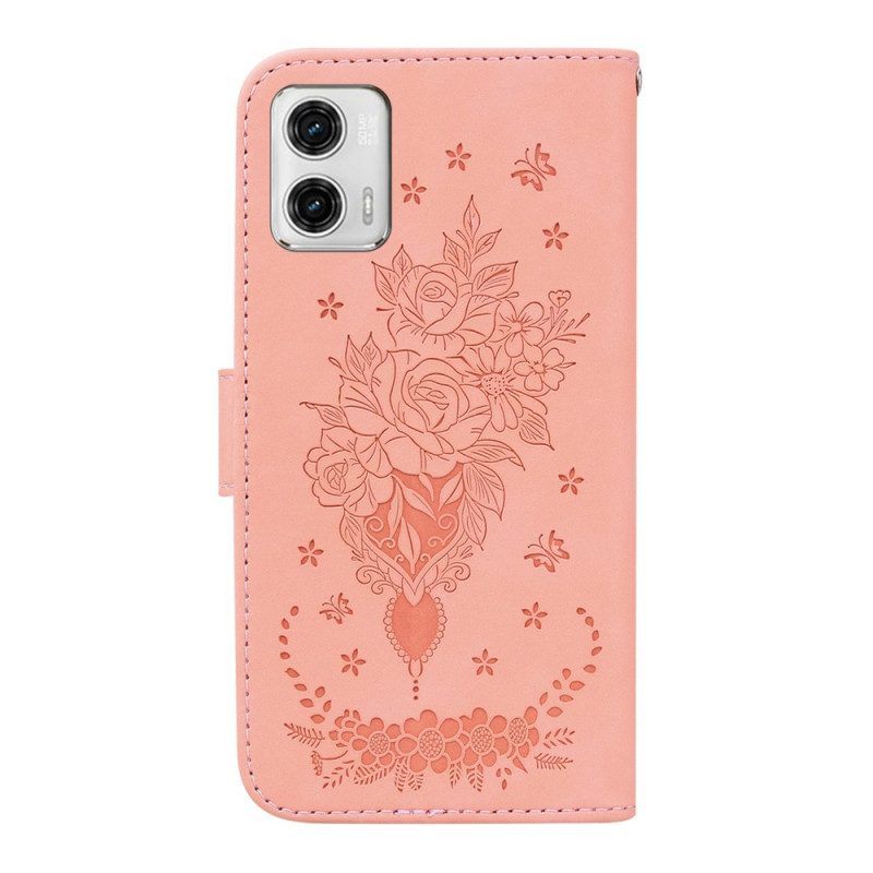 Flip Case voor Moto G73 5G Met Ketting Strappy Rozen En Vlinders