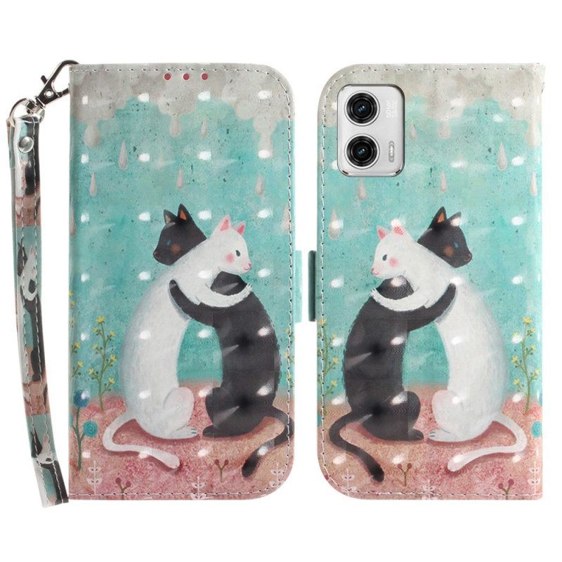 Flip Case voor Moto G73 5G Met Ketting Zwarte Kat Witte Kat Met Riem